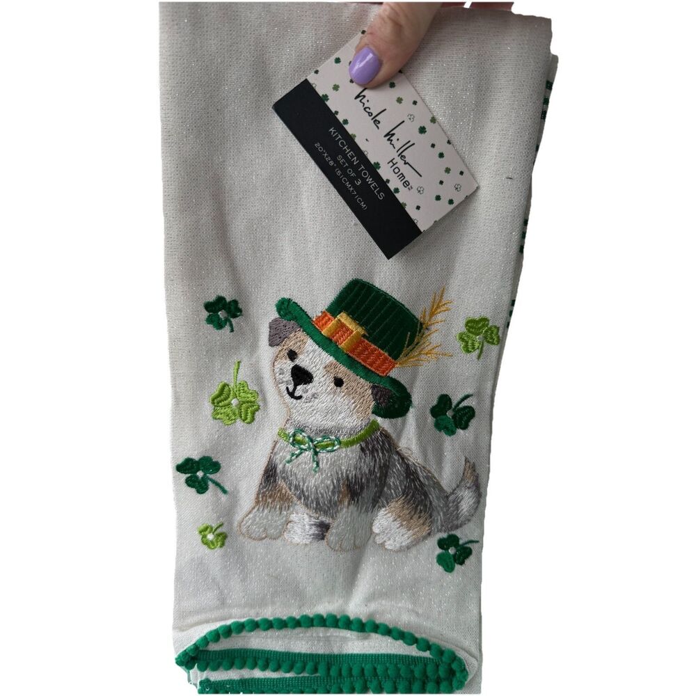 NWT  Nicole Miller Kitchen Towels St Patricks Day Dog Embroidered 3 Pack